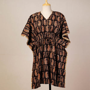 Black - Block Print Cotton Kalamkari Kaftan with Tie-Up Waist (Medium)