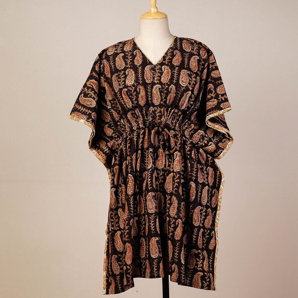 Black - Block Print Cotton Kalamkari Kaftan with Tie-Up Waist (Medium)