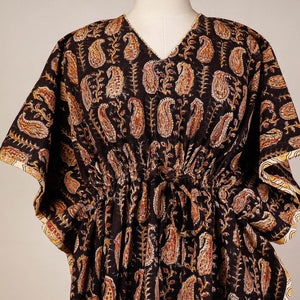 Black - Block Print Cotton Kalamkari Kaftan with Tie-Up Waist (Medium)