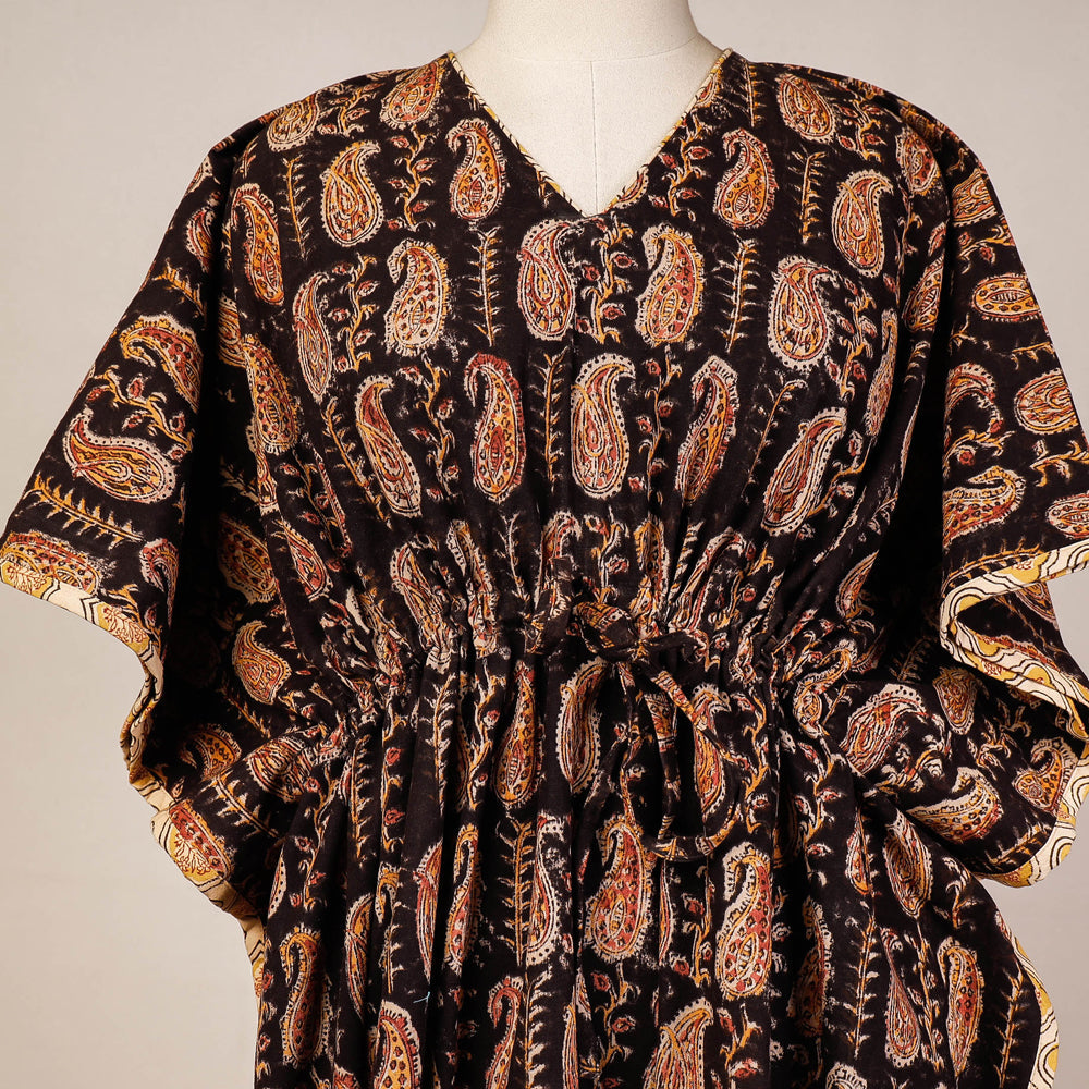 Black - Block Print Cotton Kalamkari Kaftan with Tie-Up Waist (Medium)