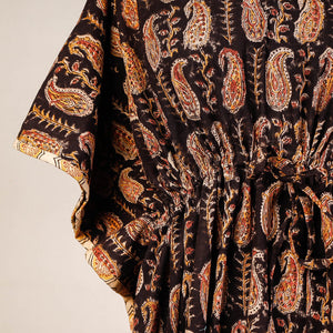 Black - Block Print Cotton Kalamkari Kaftan with Tie-Up Waist (Medium)