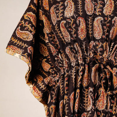 Black - Block Print Cotton Kalamkari Kaftan with Tie-Up Waist (Medium)