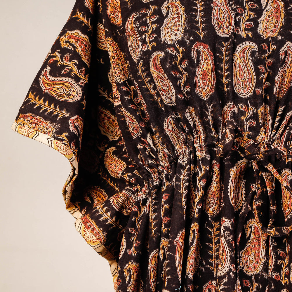 Black - Block Print Cotton Kalamkari Kaftan with Tie-Up Waist (Medium)