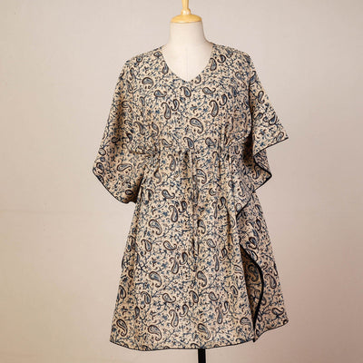 Beige - Block Print Cotton Kalamkari Kaftan with Tie-Up Waist (Medium)