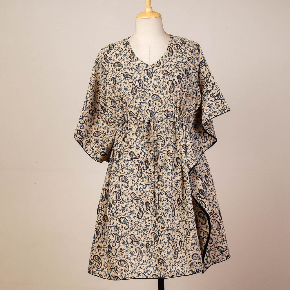 Beige - Block Print Cotton Kalamkari Kaftan with Tie-Up Waist (Medium)
