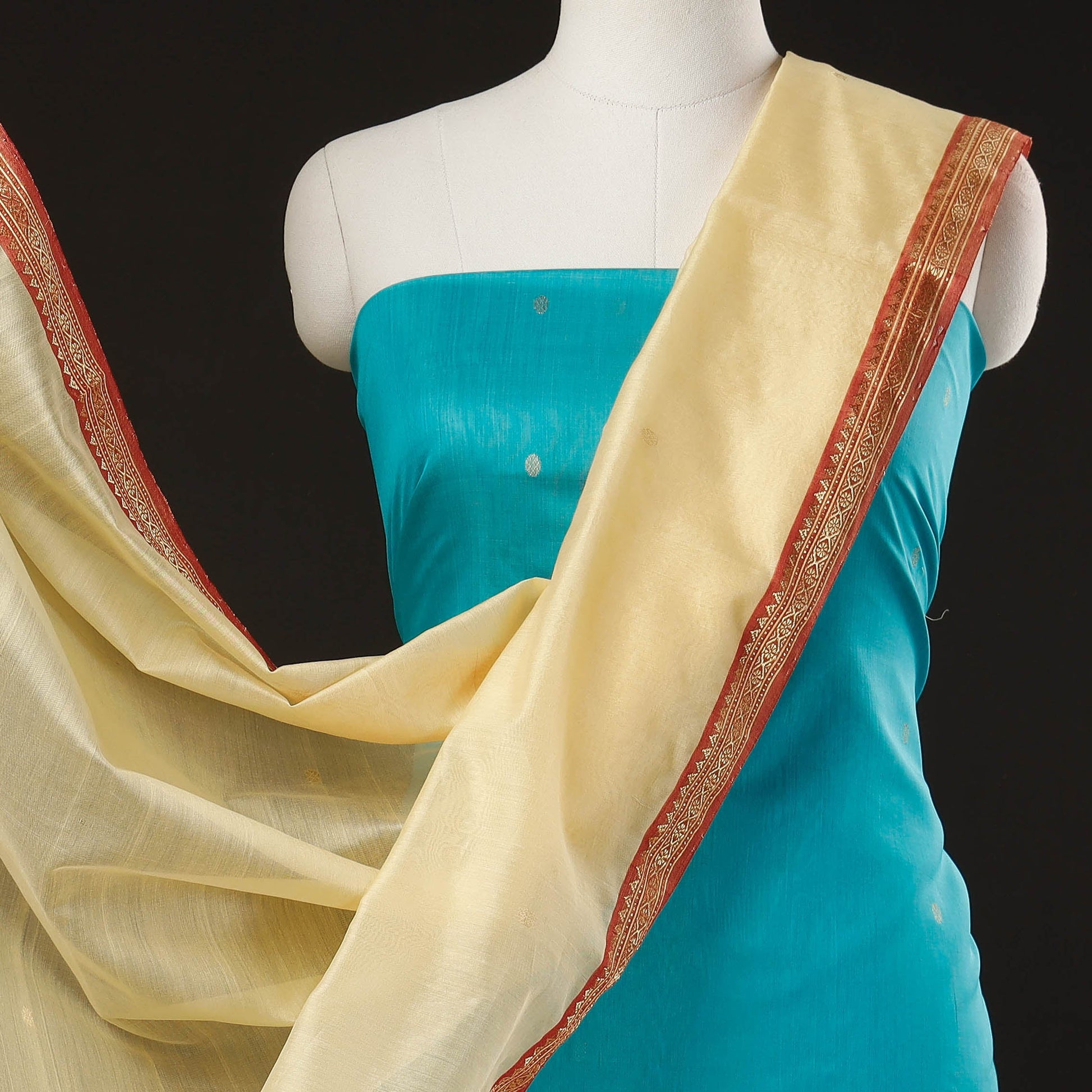 Blue - 3pc Chanderi Silk Handloom Zari Buti Suit Material Set with Nakshi Zari Border