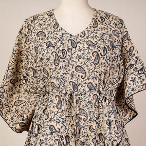 Beige - Block Print Cotton Kalamkari Kaftan with Tie-Up Waist (Medium)