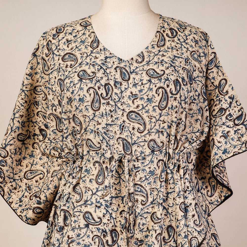 Beige - Block Print Cotton Kalamkari Kaftan with Tie-Up Waist (Medium)
