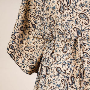 Beige - Block Print Cotton Kalamkari Kaftan with Tie-Up Waist (Medium)