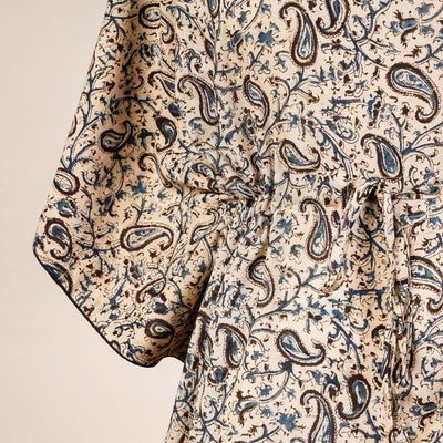 Beige - Block Print Cotton Kalamkari Kaftan with Tie-Up Waist (Medium)