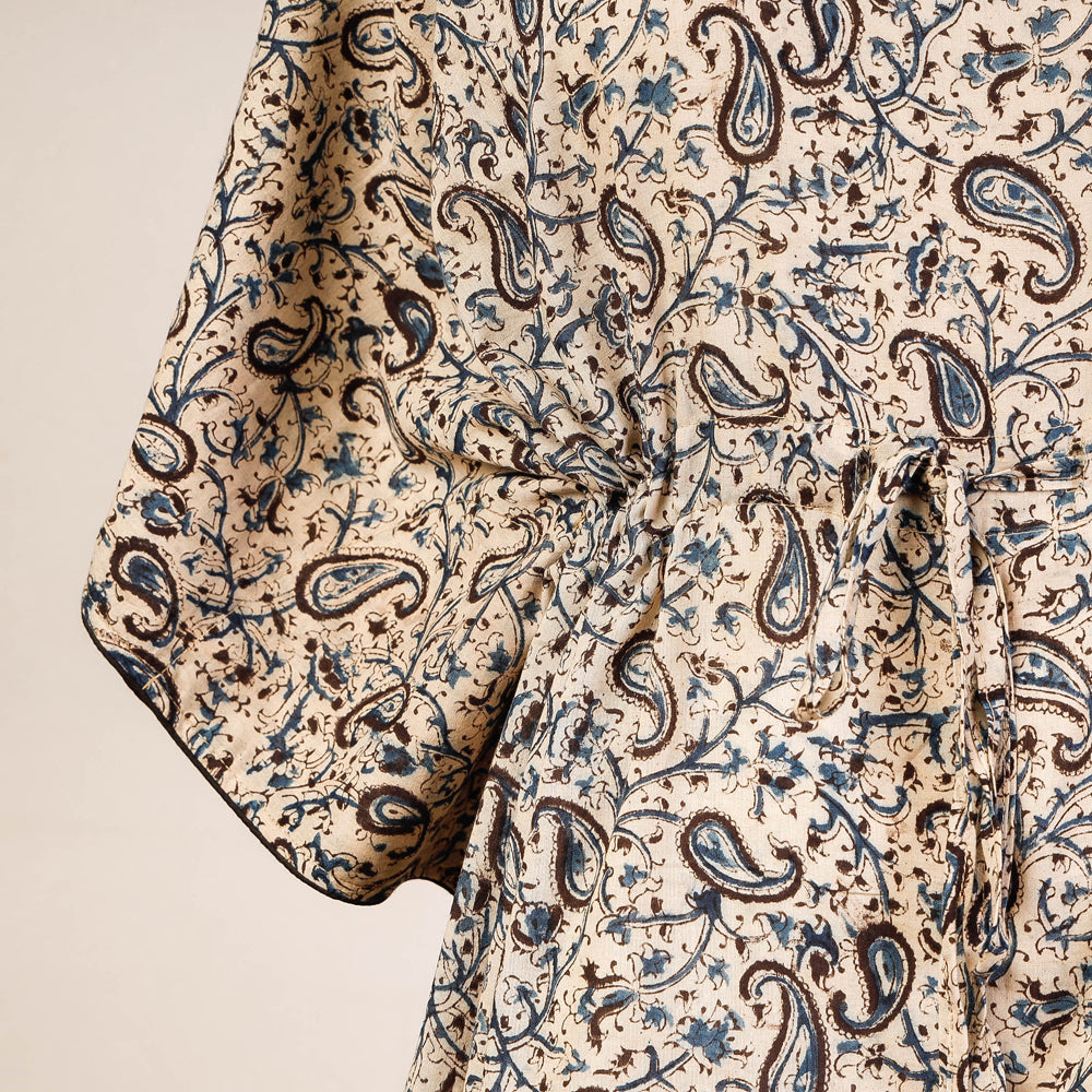 Beige - Block Print Cotton Kalamkari Kaftan with Tie-Up Waist (Medium)