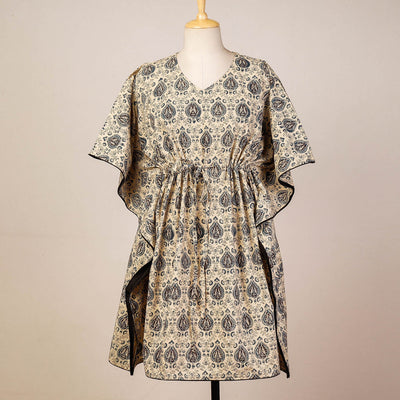 Beige - Block Print Cotton Kalamkari Kaftan with Tie-Up Waist (Medium)