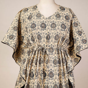 Beige - Block Print Cotton Kalamkari Kaftan with Tie-Up Waist (Medium)