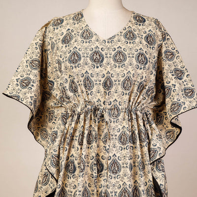 Beige - Block Print Cotton Kalamkari Kaftan with Tie-Up Waist (Medium)