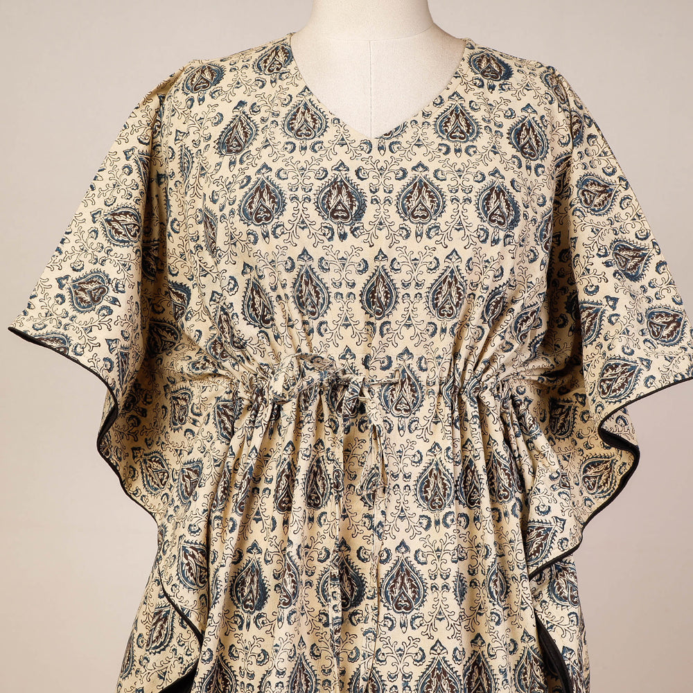 Beige - Block Print Cotton Kalamkari Kaftan with Tie-Up Waist (Medium)