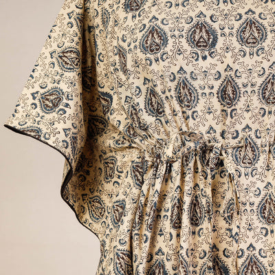 Beige - Block Print Cotton Kalamkari Kaftan with Tie-Up Waist (Medium)