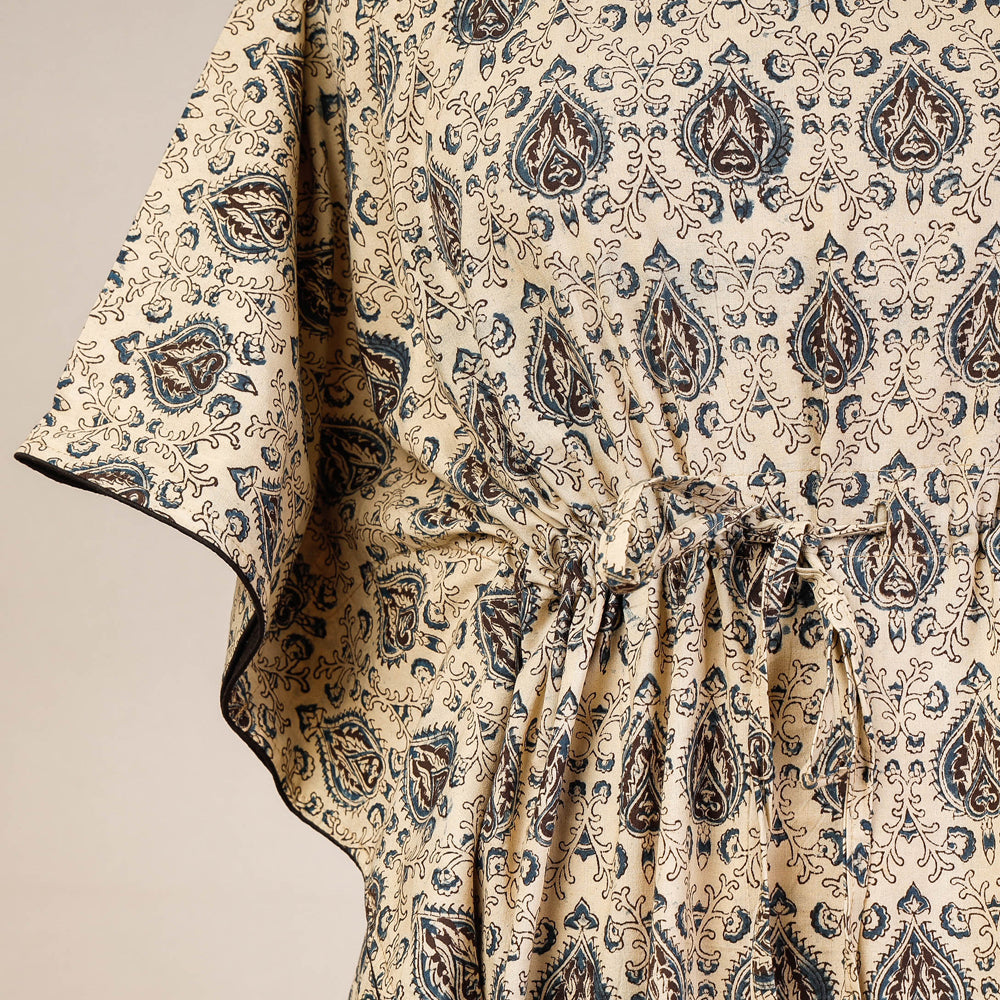 Beige - Block Print Cotton Kalamkari Kaftan with Tie-Up Waist (Medium)