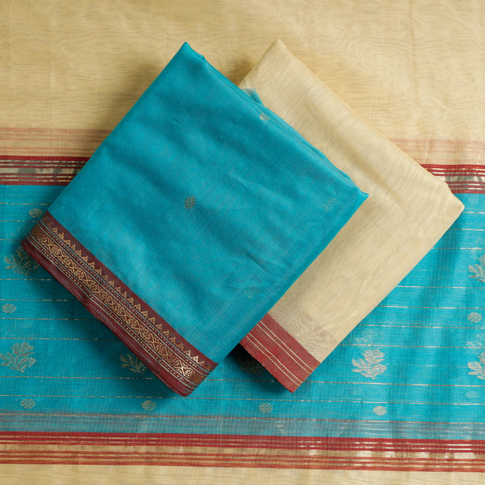 Blue - 3pc Chanderi Silk Handloom Zari Buti Suit Material Set with Nakshi Zari Border