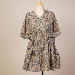 Beige - Block Print Cotton Kalamkari Kaftan with Tie-Up Waist (Medium)