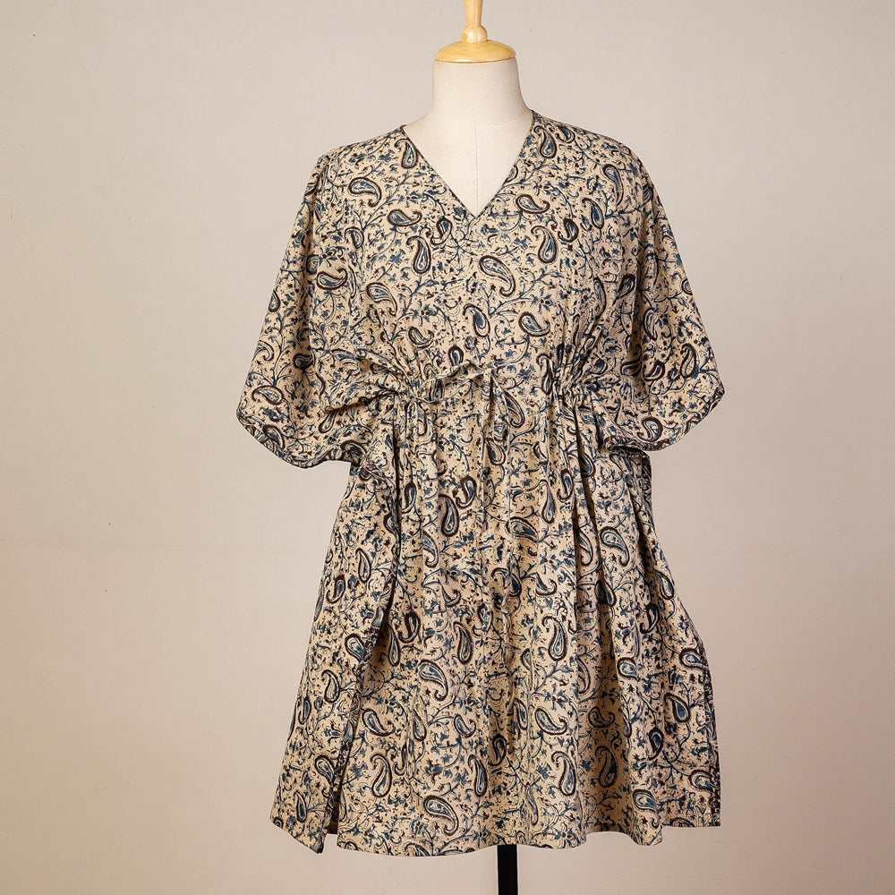 Beige - Block Print Cotton Kalamkari Kaftan with Tie-Up Waist (Medium)