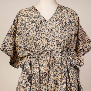 Beige - Block Print Cotton Kalamkari Kaftan with Tie-Up Waist (Medium)