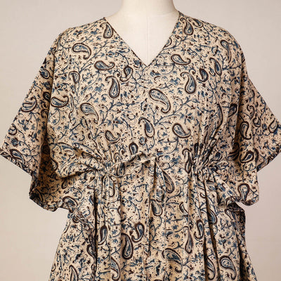 Beige - Block Print Cotton Kalamkari Kaftan with Tie-Up Waist (Medium)