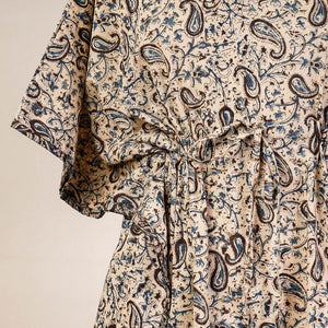 Beige - Block Print Cotton Kalamkari Kaftan with Tie-Up Waist (Medium)