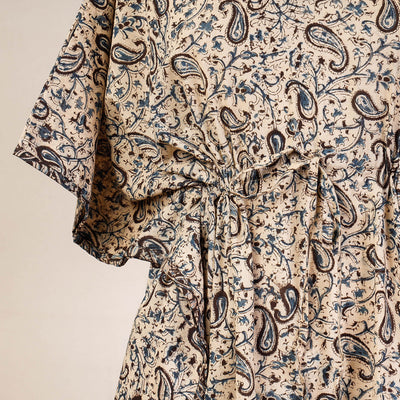 Beige - Block Print Cotton Kalamkari Kaftan with Tie-Up Waist (Medium)