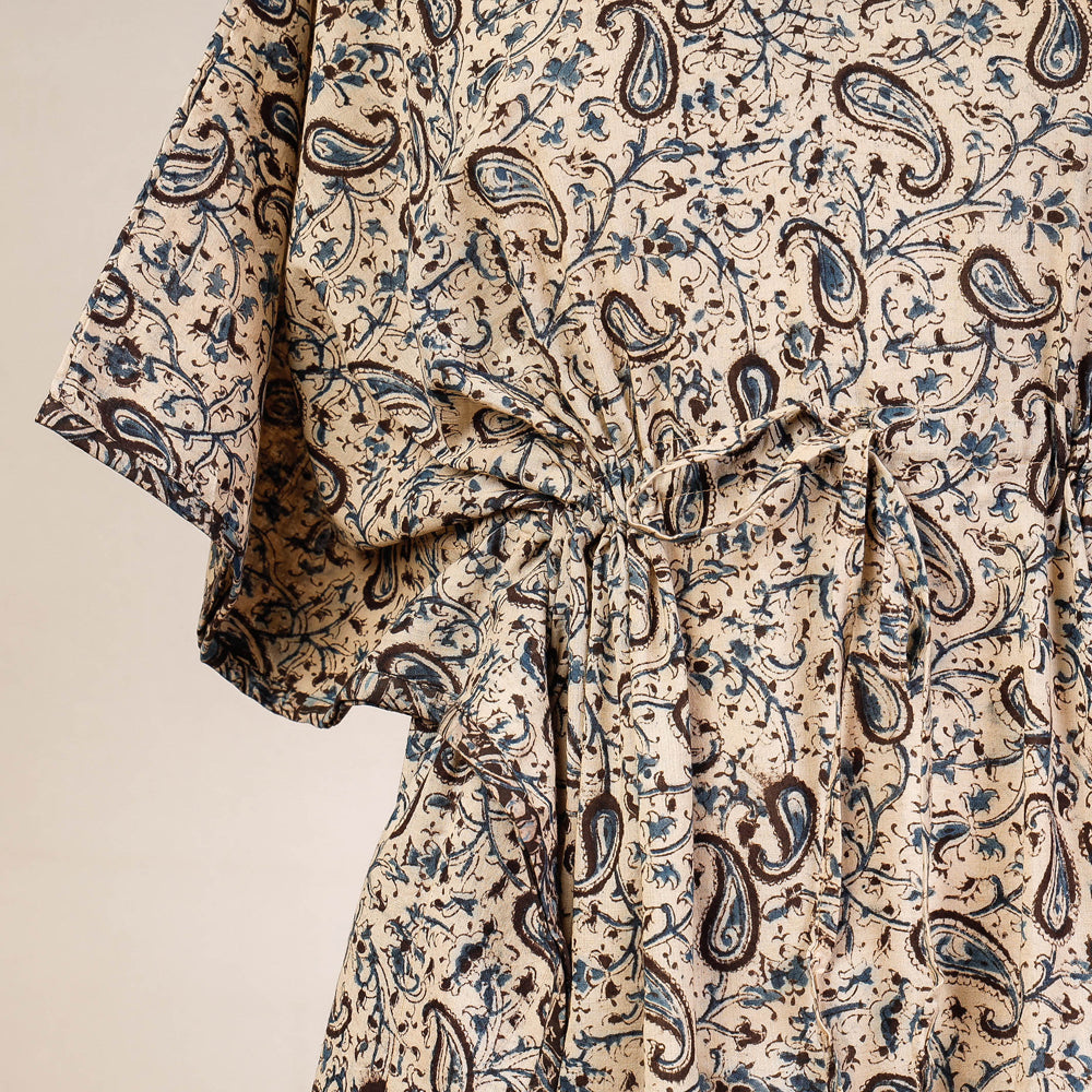Beige - Block Print Cotton Kalamkari Kaftan with Tie-Up Waist (Medium)