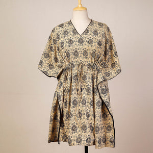 Beige - Block Print Cotton Kalamkari Kaftan with Tie-Up Waist (Medium)