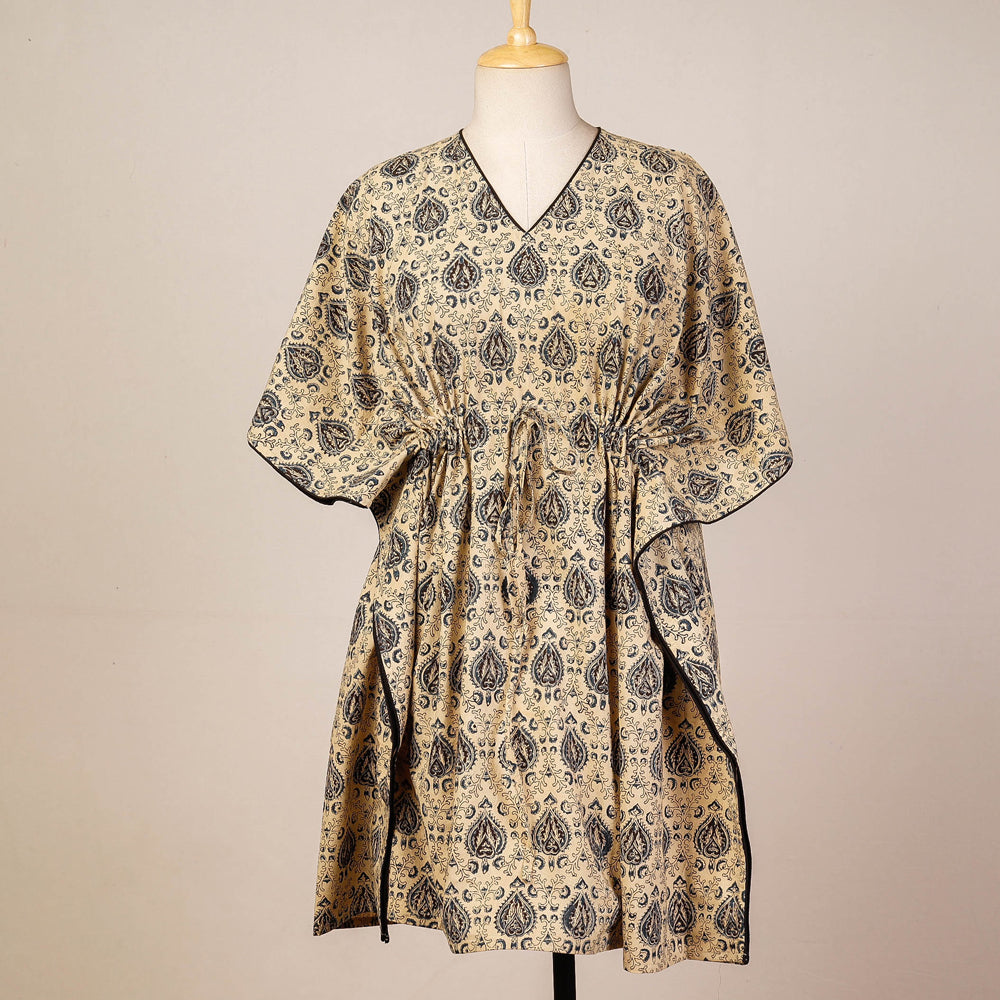 Beige - Block Print Cotton Kalamkari Kaftan with Tie-Up Waist (Medium)