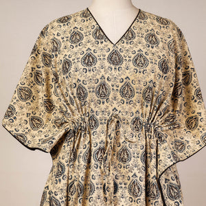 Beige - Block Print Cotton Kalamkari Kaftan with Tie-Up Waist (Medium)