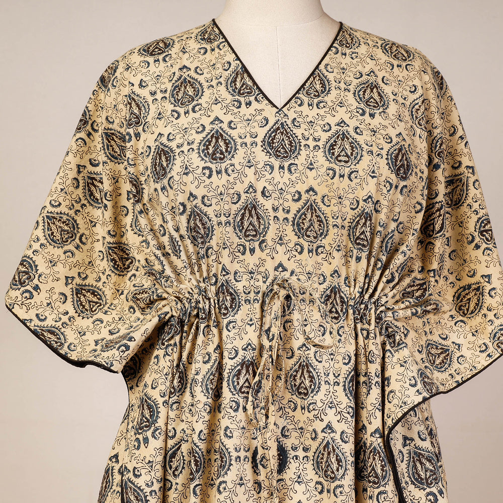 Beige - Block Print Cotton Kalamkari Kaftan with Tie-Up Waist (Medium)
