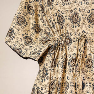 Beige - Block Print Cotton Kalamkari Kaftan with Tie-Up Waist (Medium)