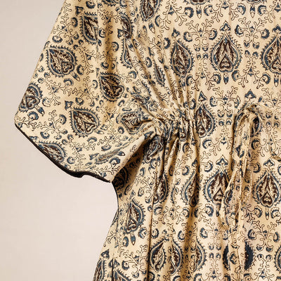Beige - Block Print Cotton Kalamkari Kaftan with Tie-Up Waist (Medium)