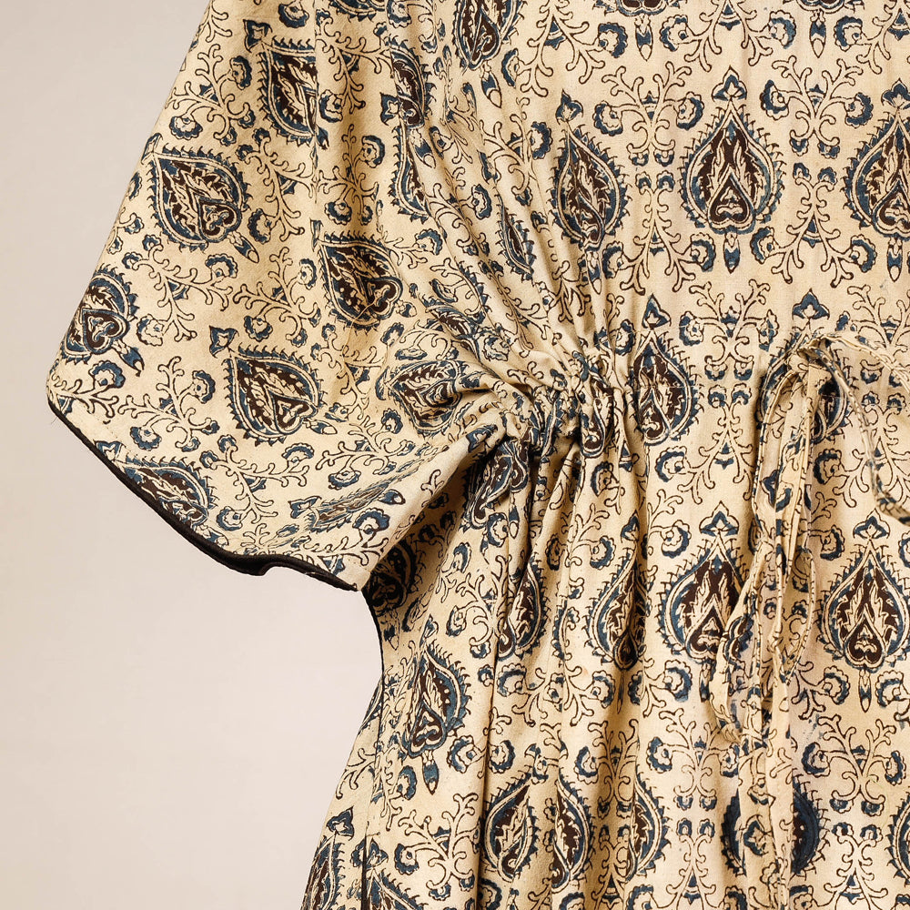 Beige - Block Print Cotton Kalamkari Kaftan with Tie-Up Waist (Medium)