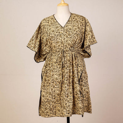 Beige - Block Print Cotton Kalamkari Kaftan with Tie-Up Waist (Medium)