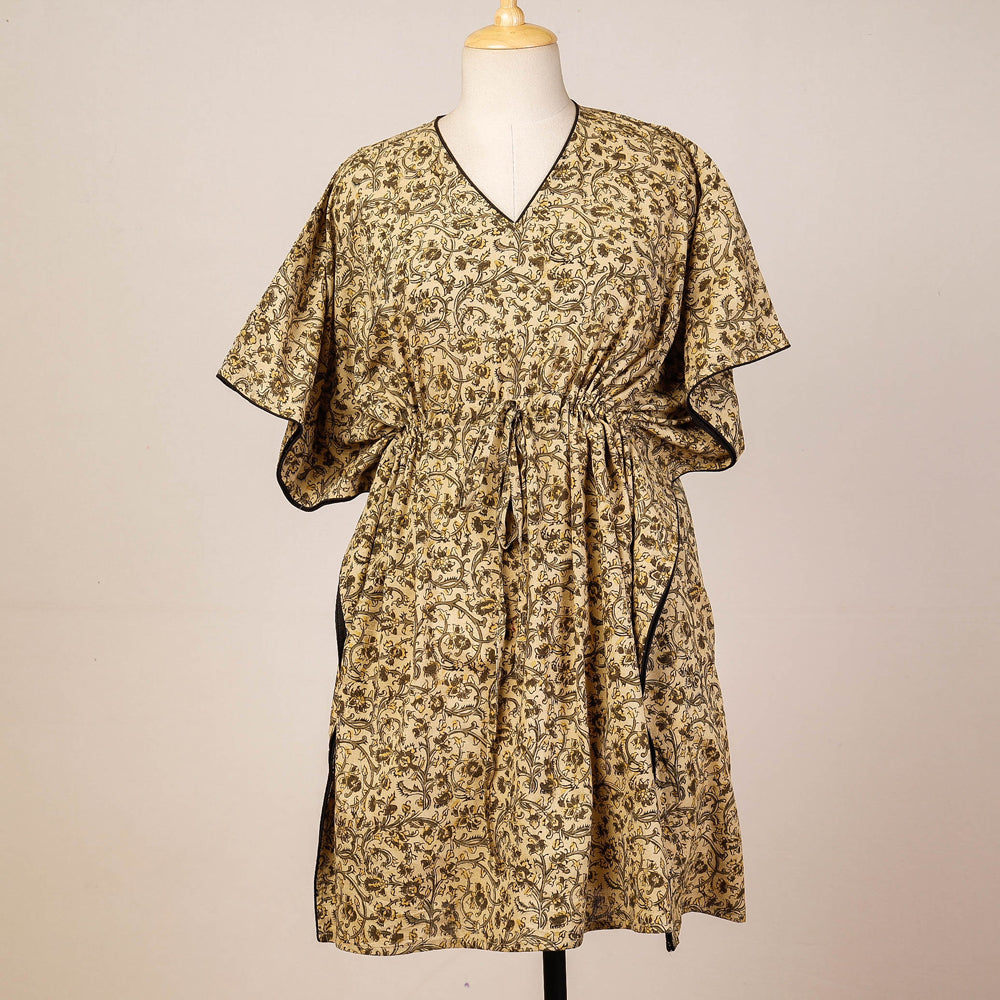 Beige - Block Print Cotton Kalamkari Kaftan with Tie-Up Waist (Medium)