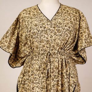 Beige - Block Print Cotton Kalamkari Kaftan with Tie-Up Waist (Medium)