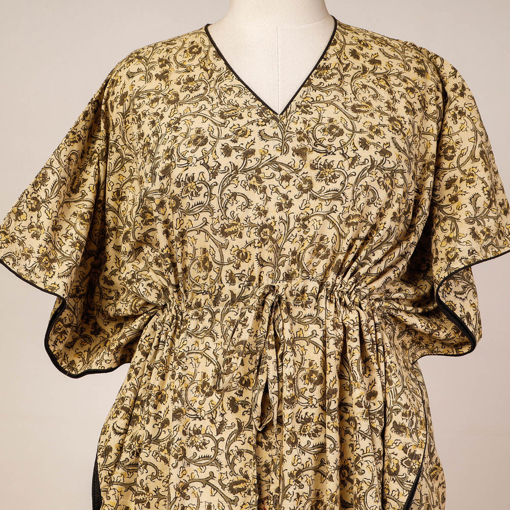 Beige - Block Print Cotton Kalamkari Kaftan with Tie-Up Waist (Medium)