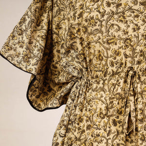 Beige - Block Print Cotton Kalamkari Kaftan with Tie-Up Waist (Medium)