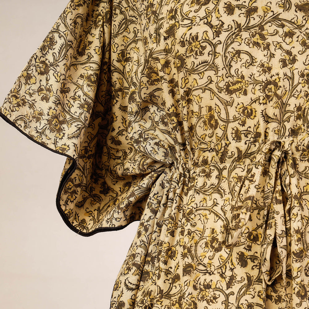 Beige - Block Print Cotton Kalamkari Kaftan with Tie-Up Waist (Medium)