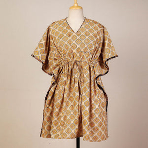 Beige - Block Print Cotton Kalamkari Kaftan with Tie-Up Waist (Medium)