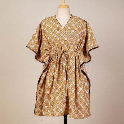 Beige - Block Print Cotton Kalamkari Kaftan with Tie-Up Waist (Medium)