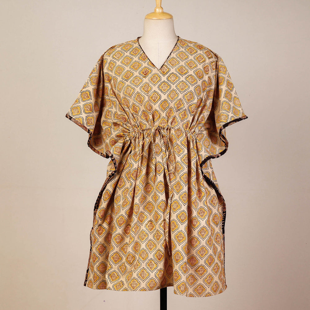 Beige - Block Print Cotton Kalamkari Kaftan with Tie-Up Waist (Medium)