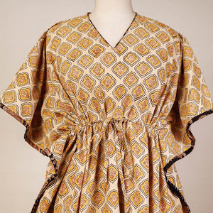 Beige - Block Print Cotton Kalamkari Kaftan with Tie-Up Waist (Medium)