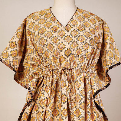 Beige - Block Print Cotton Kalamkari Kaftan with Tie-Up Waist (Medium)
