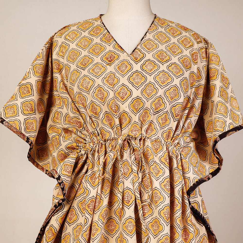 Beige - Block Print Cotton Kalamkari Kaftan with Tie-Up Waist (Medium)