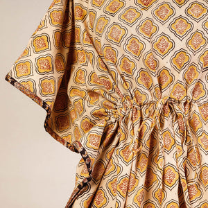 Beige - Block Print Cotton Kalamkari Kaftan with Tie-Up Waist (Medium)