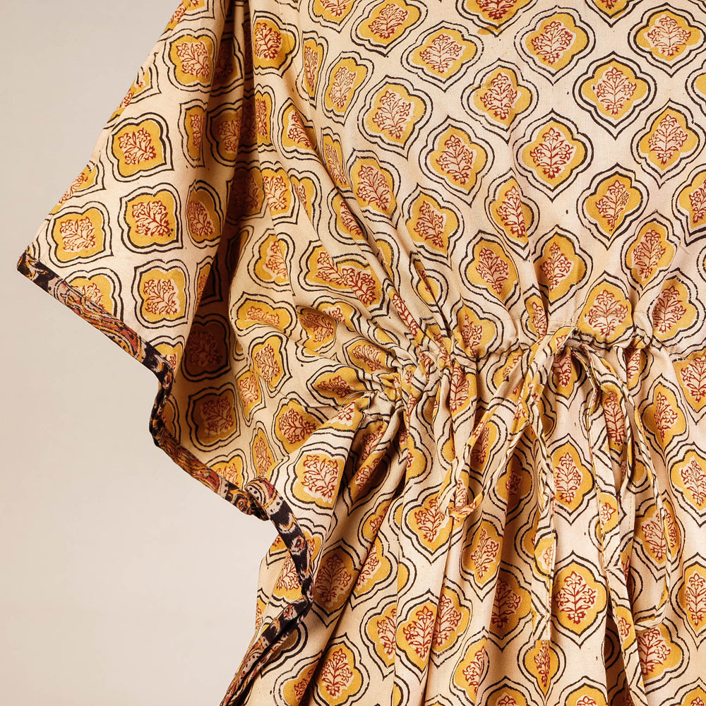 Beige - Block Print Cotton Kalamkari Kaftan with Tie-Up Waist (Medium)